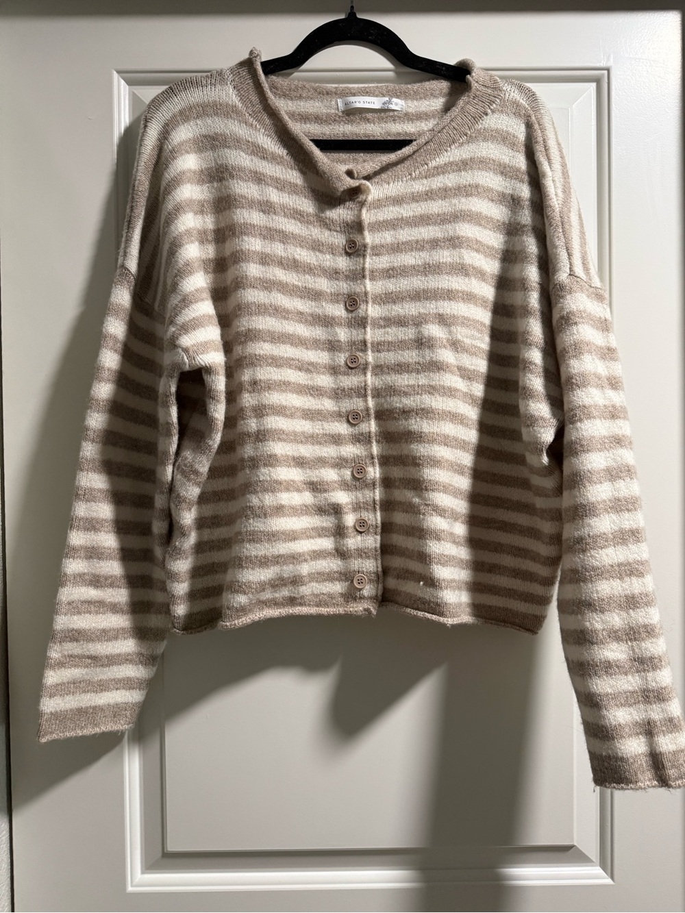 Altar'd State Beige & Cream Striped Button-Up Cardigan